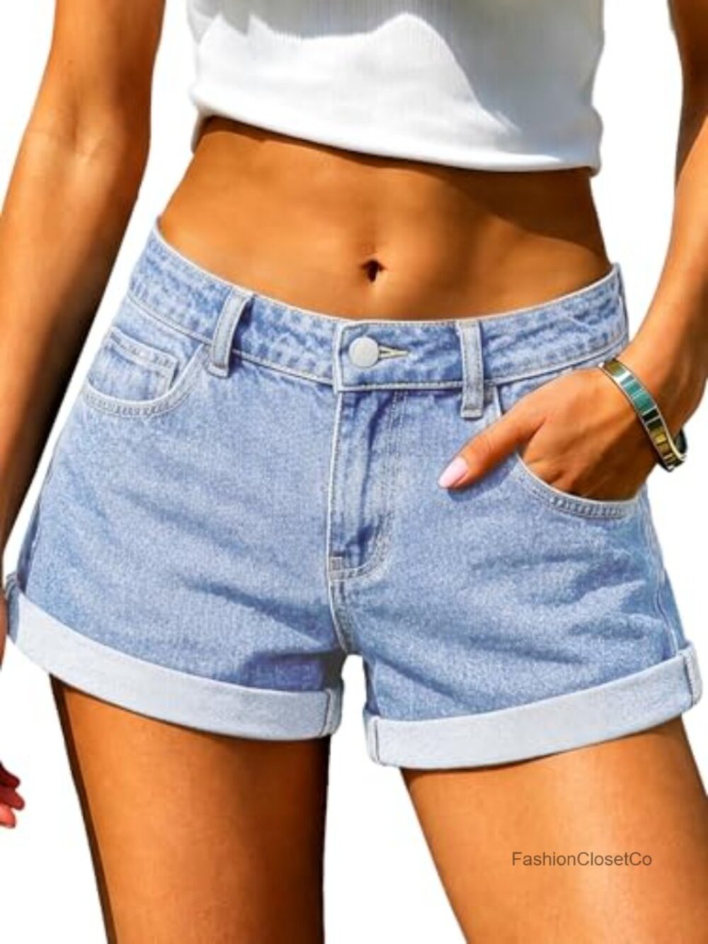 Womens Baggy Stretch Denim Shorts Cuffed Hem Casual Summer Jean Shorts
